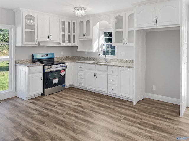 kitchen featuring sink, stainless steel electric range, and white cabinets