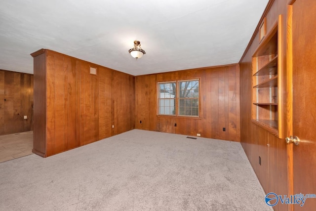 empty room with carpet flooring and wood walls