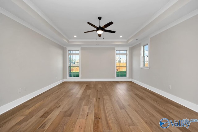 spare room with a raised ceiling, crown molding, and light hardwood / wood-style flooring