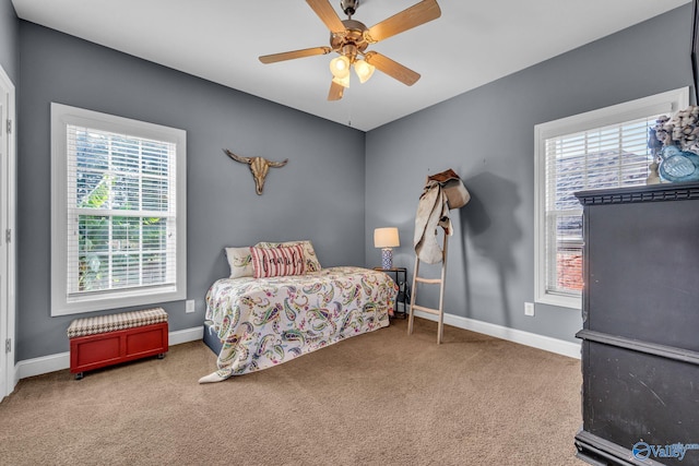 bedroom featuring carpet flooring and ceiling fan