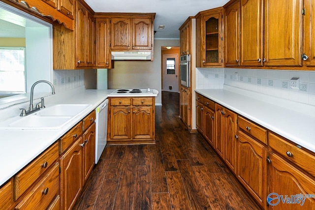 148 Maple Blvd, Gurley, AL 35748 - kitchen featuring white appliances, dark hardwood / wood-style flooring, sink, and decorative backsplash