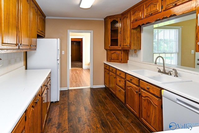 148 Maple Blvd, Gurley, AL 35748 - kitchen featuring sink, white appliances, backsplash, dark hardwood / wood-style floors, and ornamental molding