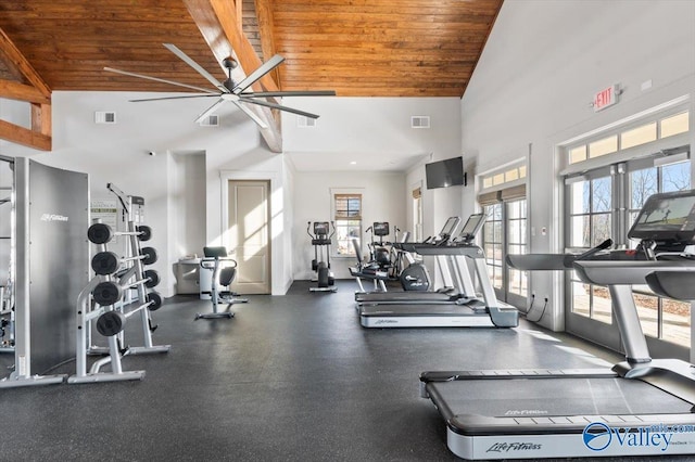 exercise room featuring vaulted ceiling, ceiling fan, wooden ceiling, and visible vents