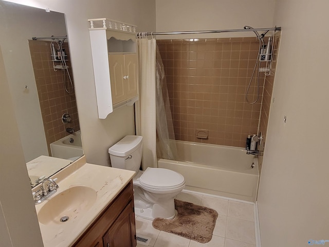 full bathroom featuring tile patterned floors, vanity, shower / tub combo, and toilet