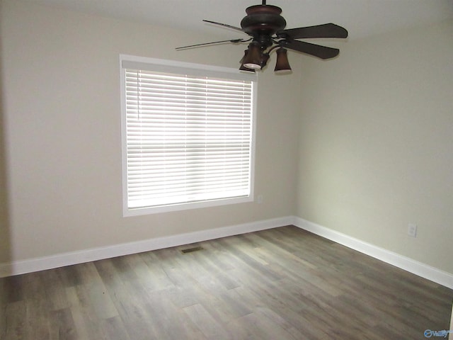 empty room featuring a wealth of natural light, ceiling fan, and wood-type flooring