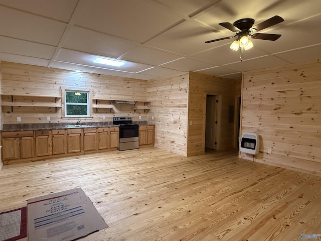 5433 County Road 106, Mentone, AL 35984 - kitchen featuring stainless steel range with electric cooktop, heating unit, wooden walls, open shelves, and light wood finished floors