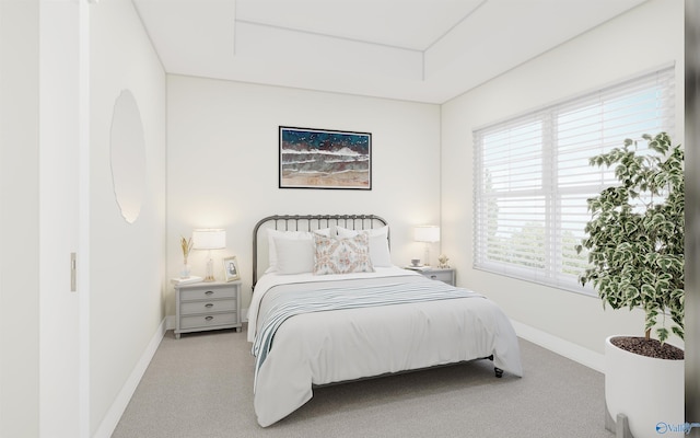 bedroom featuring light colored carpet