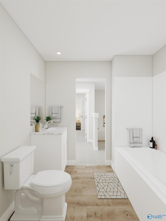 bathroom featuring toilet, vanity, and a tub to relax in