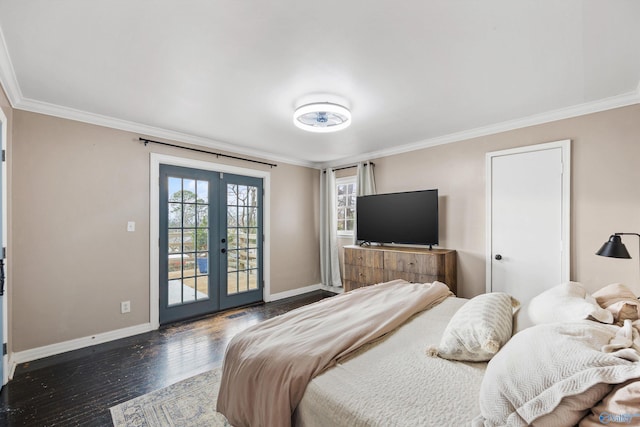 bedroom with access to exterior, french doors, crown molding, and dark wood-type flooring