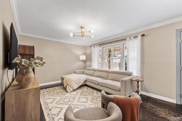 living room with dark hardwood / wood-style floors and crown molding