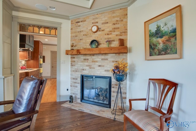 interior space with ornamental molding, dark wood-type flooring, and a fireplace