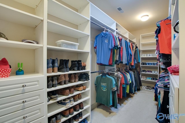 walk in closet with light carpet