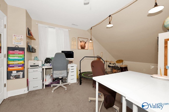 899 Pine Grove Rd, Harvest, AL 35749 - office area with lofted ceiling, light carpet, and visible vents
