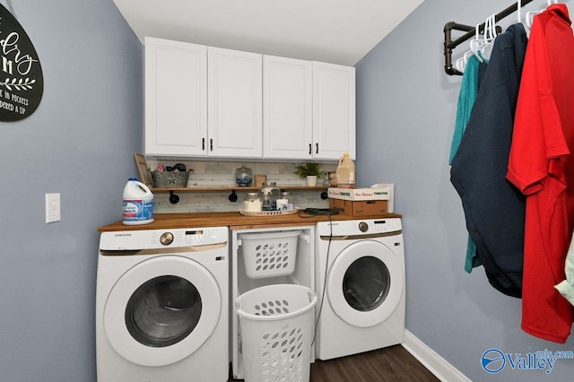 899 Pine Grove Rd, Harvest, AL 35749 - laundry room with independent washer and dryer, cabinet space, dark wood finished floors, and baseboards