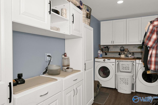 899 Pine Grove Rd, Harvest, AL 35749 - laundry room featuring dark wood-type flooring, cabinet space, and washer and dryer