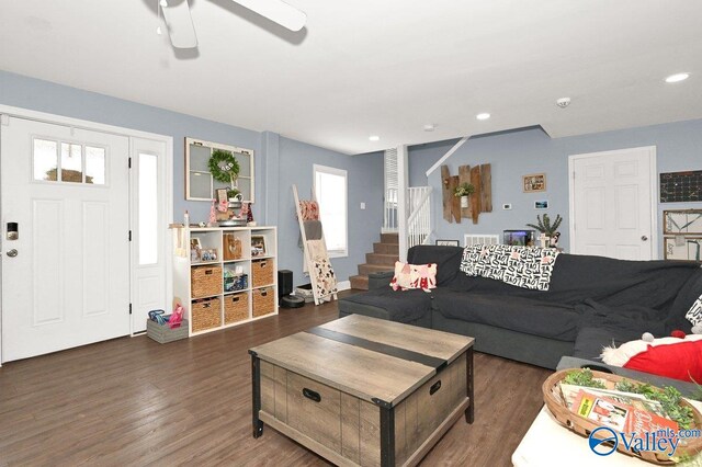 899 Pine Grove Rd, Harvest, AL 35749 - living room with a ceiling fan, stairway, dark wood-type flooring, and recessed lighting