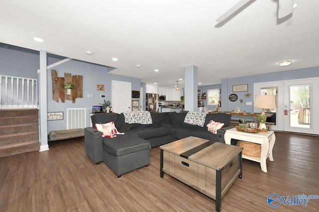 899 Pine Grove Rd, Harvest, AL 35749 - living area with visible vents, stairway, wood finished floors, french doors, and recessed lighting
