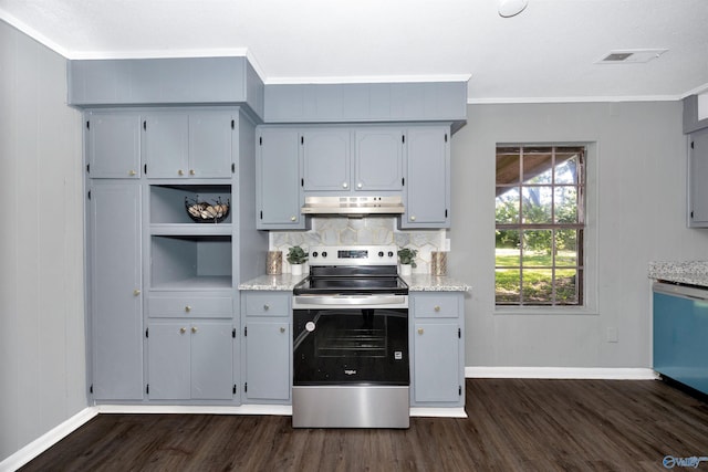 1007 Honeysuckle Ln SW, Decatur, AL 35601 - kitchen with stainless steel range with electric stovetop, under cabinet range hood, dark wood-type flooring, baseboards, and dishwasher