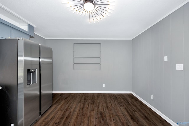 1007 Honeysuckle Ln SW, Decatur, AL 35601 - kitchen with stainless steel refrigerator with ice dispenser, dark wood-type flooring, crown molding, baseboards, and built in shelves