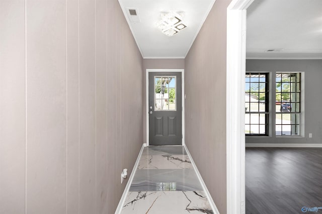 1007 Honeysuckle Ln SW, Decatur, AL 35601 - doorway to outside featuring marble tiled floors, baseboards, ornamental molding, and plenty of natural light