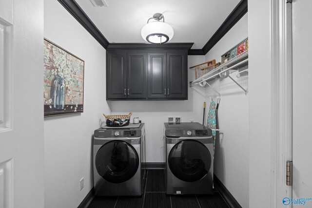 24673 Beacon Cir, Athens, AL 35613 - washroom featuring washing machine and clothes dryer, crown molding, cabinet space, and baseboards