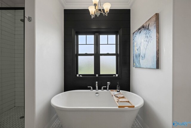 24673 Beacon Cir, Athens, AL 35613 - full bath with baseboards, a shower stall, ornamental molding, and a chandelier