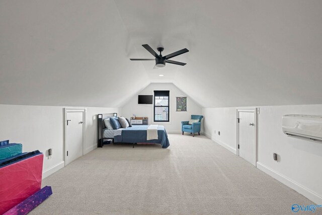 24673 Beacon Cir, Athens, AL 35613 - bedroom featuring a wall mounted air conditioner, lofted ceiling, carpet, and baseboards