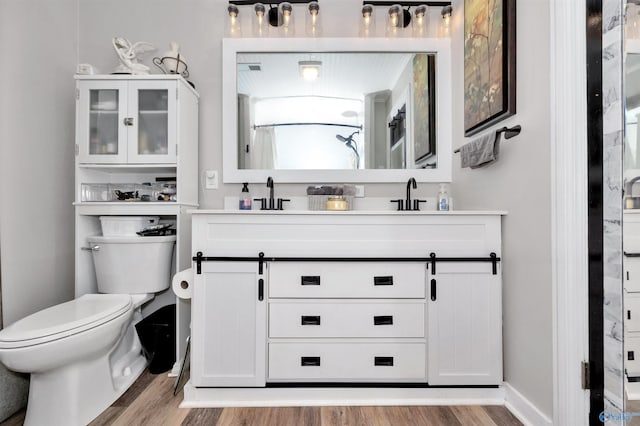 bathroom featuring toilet, vanity, a shower, and hardwood / wood-style flooring