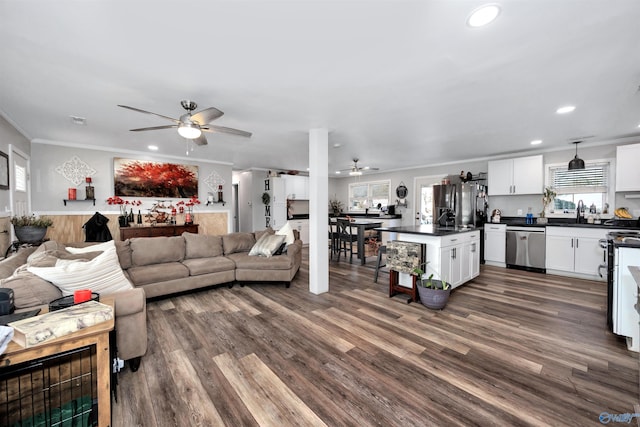 living room with dark hardwood / wood-style floors, crown molding, and a healthy amount of sunlight