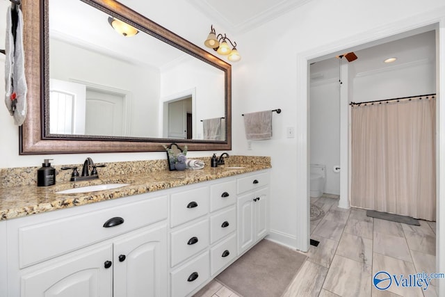 bathroom featuring toilet, crown molding, and vanity