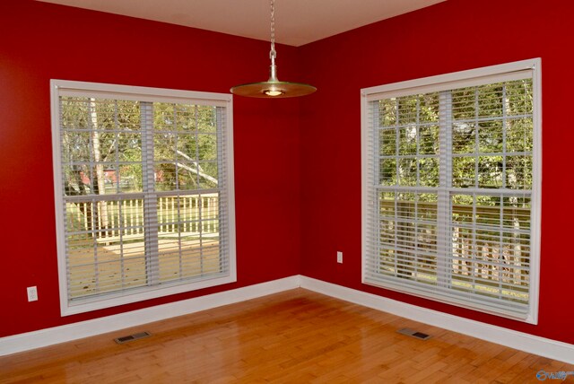 unfurnished dining area featuring plenty of natural light and wood-type flooring