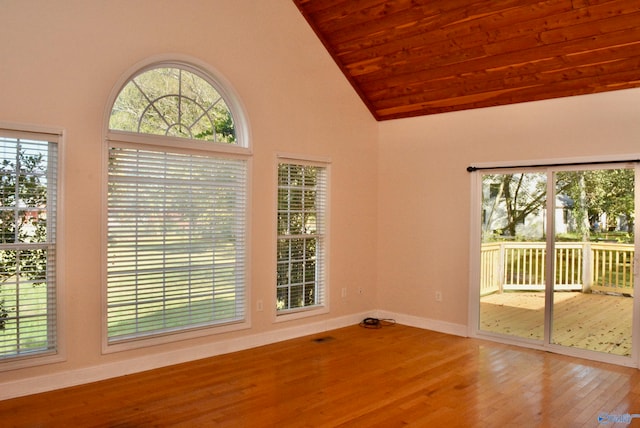 spare room featuring wooden ceiling, hardwood / wood-style floors, and vaulted ceiling