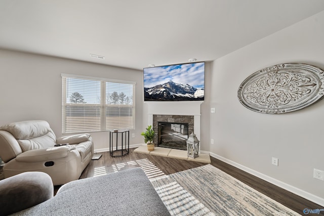 living room featuring a fireplace and hardwood / wood-style flooring