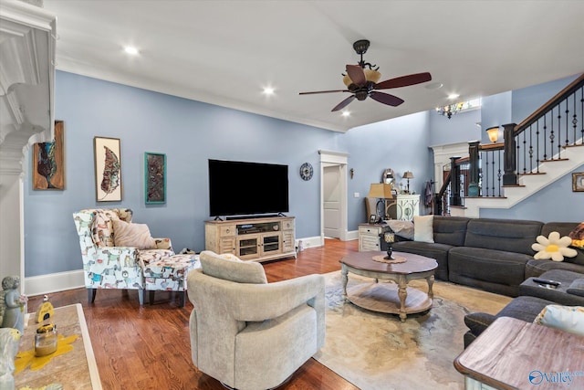 24051 Piney Creek Dr, Athens, AL 35613 - living area with stairs, a ceiling fan, baseboards, recessed lighting, and wood finished floors