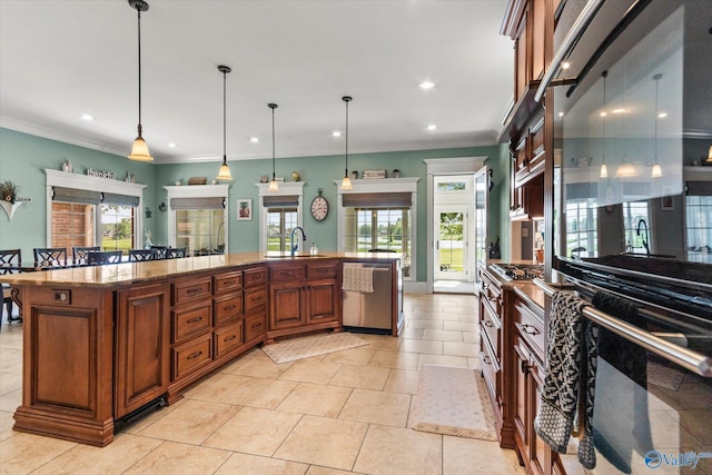 24051 Piney Creek Dr, Athens, AL 35613 - kitchen with crown molding, stainless steel dishwasher, brown cabinets, a spacious island, and a sink