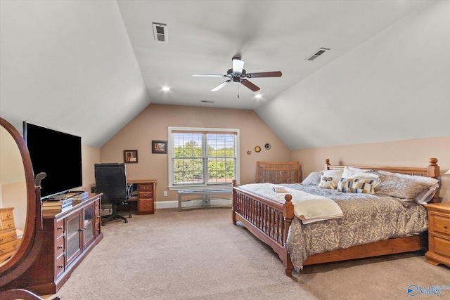 24051 Piney Creek Dr, Athens, AL 35613 - bedroom with light colored carpet, ceiling fan, lofted ceiling, and visible vents