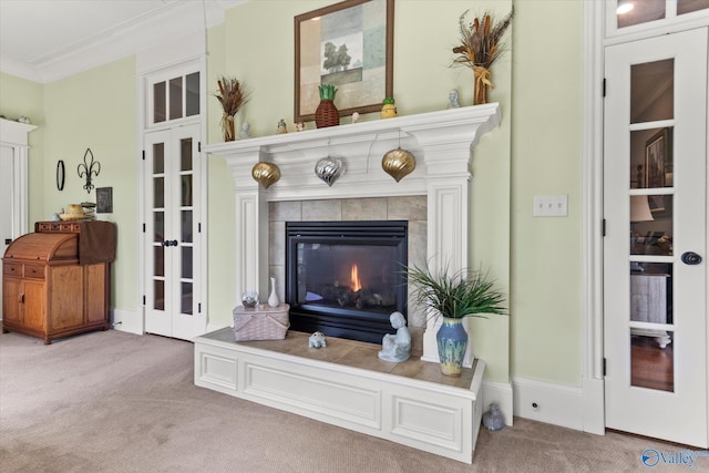 24051 Piney Creek Dr, Athens, AL 35613 - interior space featuring carpet floors, ornamental molding, french doors, and a tile fireplace