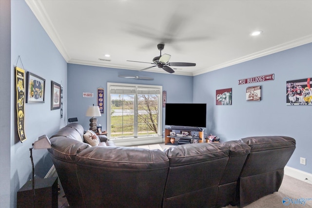 24051 Piney Creek Dr, Athens, AL 35613 - carpeted living area with crown molding, visible vents, baseboards, recessed lighting, and a ceiling fan