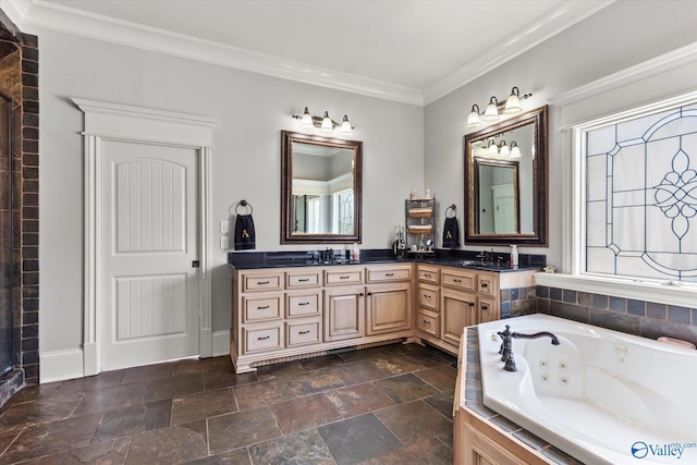 24051 Piney Creek Dr, Athens, AL 35613 - bathroom with a sink, double vanity, a jetted tub, stone finish flooring, and ornamental molding
