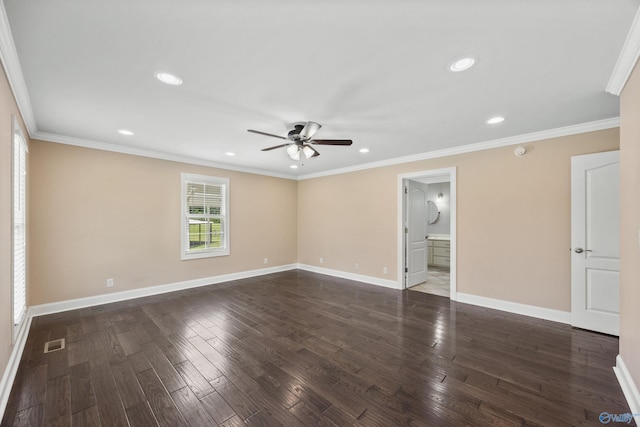 368 Halston Rd, Arab, AL 35016 - unfurnished bedroom with dark wood-type flooring, ornamental molding, recessed lighting, ensuite bath, and ceiling fan