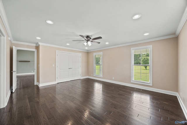 368 Halston Rd, Arab, AL 35016 - unfurnished bedroom with recessed lighting, dark wood-style flooring, ornamental molding, a closet, and a ceiling fan