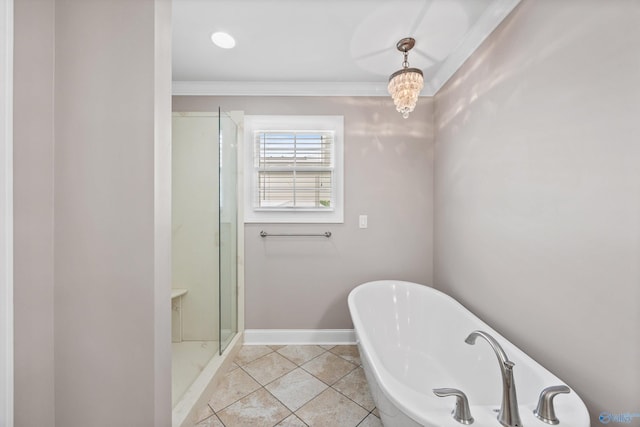 368 Halston Rd, Arab, AL 35016 - full bath featuring a soaking tub, crown molding, a stall shower, and tile patterned floors