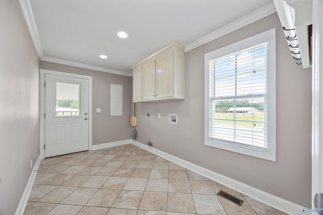 368 Halston Rd, Arab, AL 35016 - laundry room with hookup for a washing machine, ornamental molding, cabinet space, light tile patterned floors, and recessed lighting