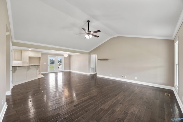 368 Halston Rd, Arab, AL 35016 - unfurnished living room featuring ceiling fan, lofted ceiling, dark wood finished floors, and crown molding