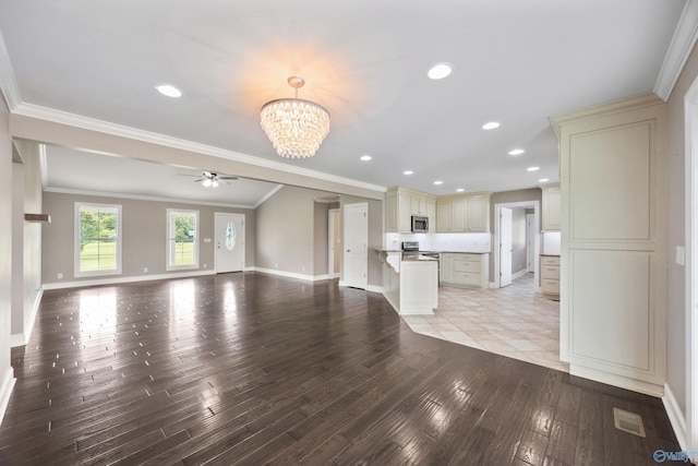 368 Halston Rd, Arab, AL 35016 - unfurnished living room featuring a ceiling fan, a chandelier, light wood-type flooring, ornamental molding, and recessed lighting
