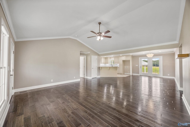 368 Halston Rd, Arab, AL 35016 - unfurnished living room featuring a ceiling fan, dark wood-style flooring, vaulted ceiling, and ornamental molding
