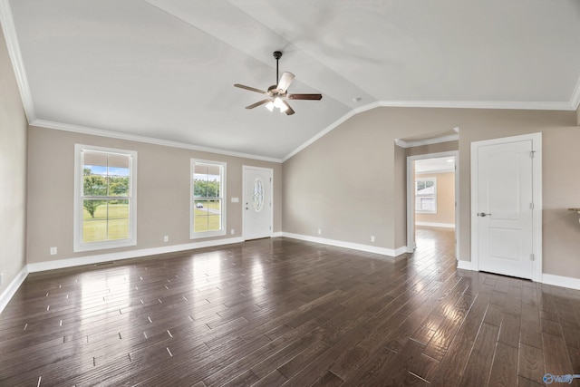 368 Halston Rd, Arab, AL 35016 - empty room featuring a ceiling fan, dark wood finished floors, lofted ceiling, and crown molding