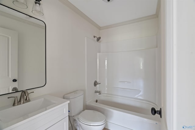 full bathroom with toilet, vanity, ornamental molding, and shower / bathing tub combination