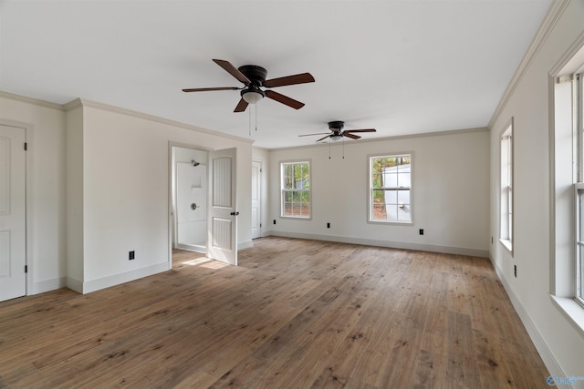 empty room with light hardwood / wood-style floors, ceiling fan, and ornamental molding