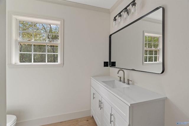 bathroom featuring toilet, a wealth of natural light, vanity, and hardwood / wood-style floors